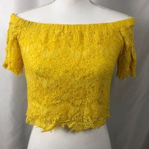 BRIGHT YELLOW LACE CROPPED OFF THE SHOULDER TOP